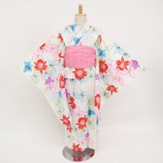 もかもか様専用【子供浴衣】女の子　100サイズ　白×蝶に花模様 7US23(甚平/浴衣)