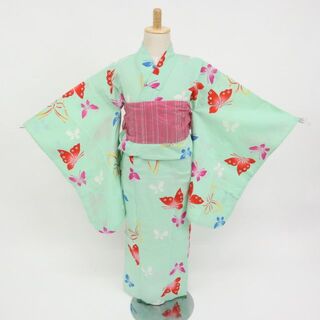 【子供浴衣】女の子　110サイズ　カラフル蝶の舞模様　グリーン 7UG25(甚平/浴衣)