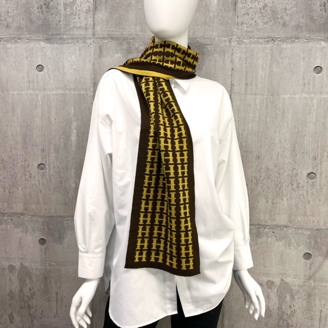 HERMES エルメス マフラー Hロゴ 総柄 ウール アクリル ブラウン 茶