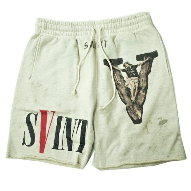 SAINT MICHAEL x VLONE セントマイケル ヴィーロン 22SS 別注 日本製 SWEAT SHORTS VLONE スウェットショーツ SM-S22-0000-071 S GRAY SAINT Mxxxxxx ダメージ加工 ショートパンツ ボトムス【新古品】【SAINT MICHAEL × VLONE】