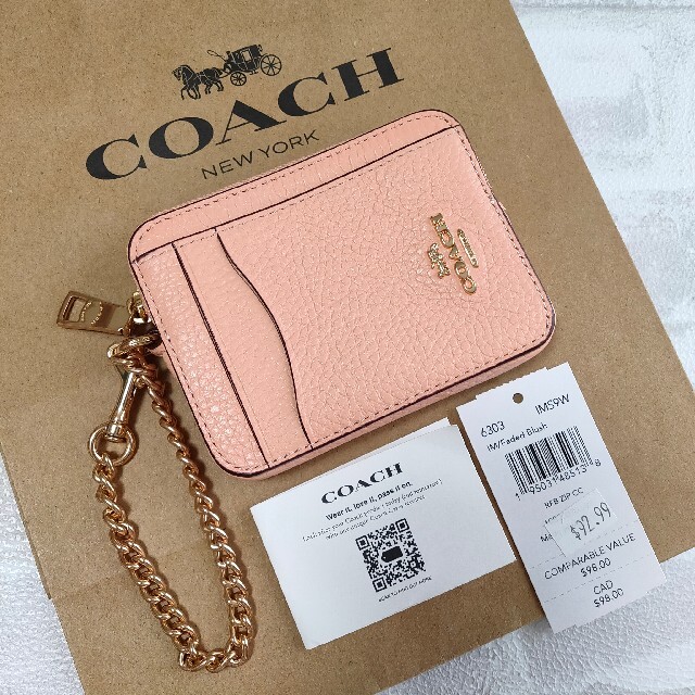 人気★COACH コーチ ジップカードケース チャーム付き ピンク オレンジ