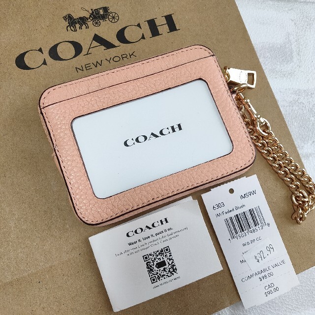 COACH(コーチ)の人気★COACH コーチ ジップカードケース チャーム付き ピンク オレンジ レディースのファッション小物(名刺入れ/定期入れ)の商品写真