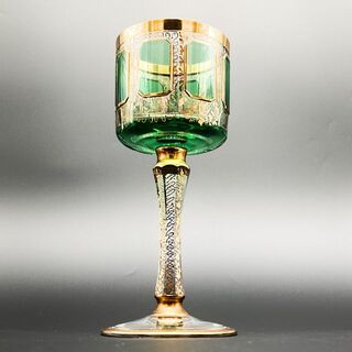 ボヘミアガラス エーゲルマン パネルグラス ワイングラス グリーン 金彩(グラス/カップ)