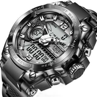 新品 LIGE スポーツデュアルウォッチ 50m防水 メンズ腕時計 ブラック