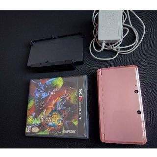 ニンテンドー3DS(ニンテンドー3DS)の【値下げ】《送料込》任天堂 ３ＤＳミスティピンク本体＋モンスターハンター3G等(携帯用ゲーム機本体)