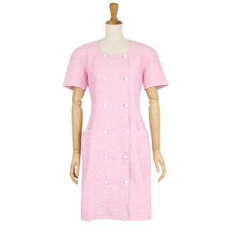 クレージュ(Courreges)のクレージュ ワンピース ノーカラー コットン リネン 半袖 飾りボタン トップス(ひざ丈ワンピース)