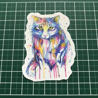 水彩画風 カラフルなかわいい動物のイラスト 猫 ネコ 防水ステッカー(ステッカー)