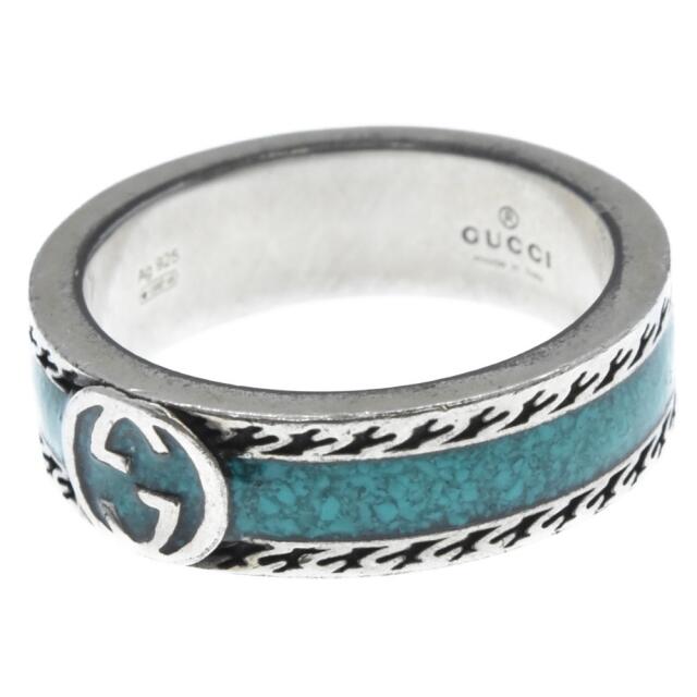 Gucci(グッチ)のGUCCI グッチ インターロッキングG ターコイズエナメル テクスチャード トリム リング 指輪 シルバー/ブルー 15号 メンズのアクセサリー(リング(指輪))の商品写真