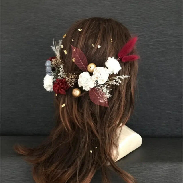 ボタニカル  髪飾り　成人式　結婚式　卒業式　レッド　ハーフアップ　　振袖　袴 ハンドメイドのアクセサリー(ヘアアクセサリー)の商品写真