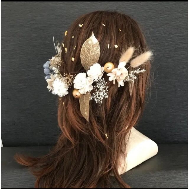 ボタニカル  髪飾り　成人式　結婚式　卒業式　ハーフアップ　シャンパン　振袖　袴 ハンドメイドのアクセサリー(ヘアアクセサリー)の商品写真