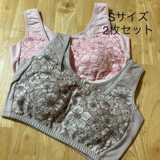 Threeheart 綿混フラワーレースブラジャー2枚セットS ベージュ ピンク(タンクトップ)