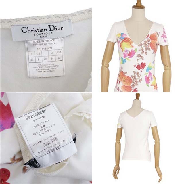 Christian Dior(クリスチャンディオール)のクリスチャンディオール シャツ Tシャツ 半袖 コットン 花柄 スパンコール レディースのトップス(カットソー(半袖/袖なし))の商品写真