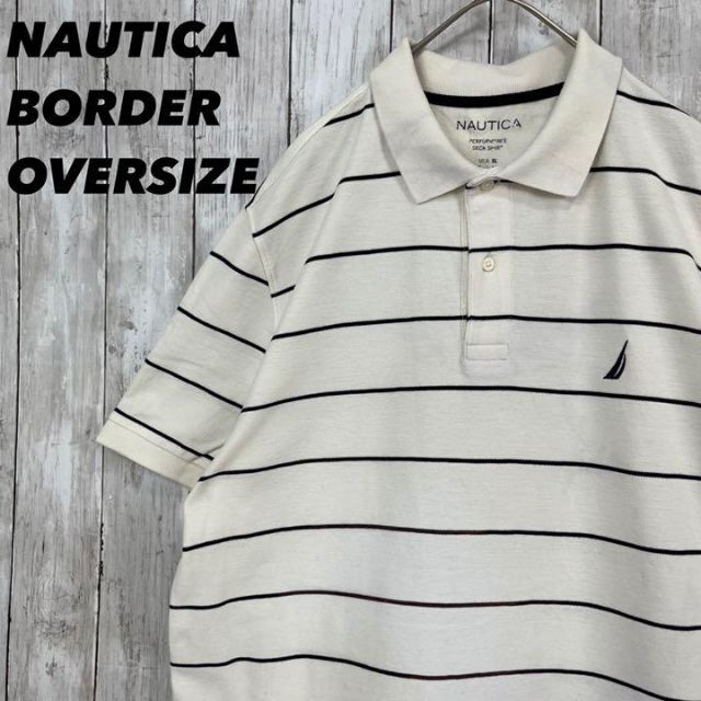 NAUTICA(ノーティカ)の【今年の流行】NAUTICAノーティカ　半袖ボーダー刺繍ロゴ鹿の子ポロシャツXL メンズのトップス(ポロシャツ)の商品写真