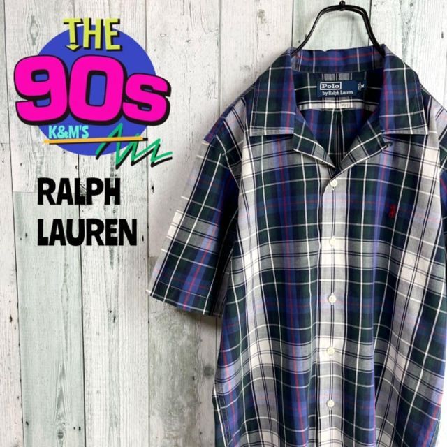 90's ラルフローレン ポニーロゴ刺繍 オープンカラー チェックシャツ