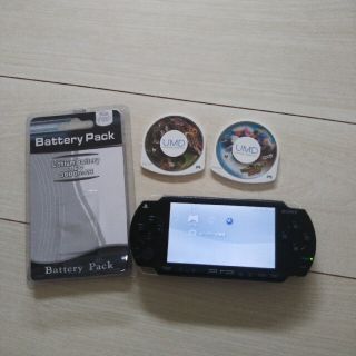 プレイステーションポータブル(PlayStation Portable)の良品⭐️psp本体♪黒2。新品バッテリー、ゲーム２つ付き。動作OK♪除菌済み。(携帯用ゲーム機本体)