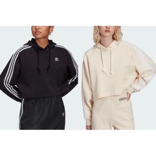 adidas レディース　クロップド丈パーカー　ブラックゴールド