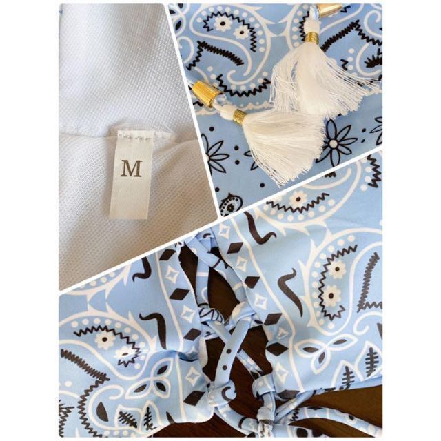 ■新品未使用■ペイズリー柄 編み込みリボン サックスブルーホワイトビキニ M レディースの水着/浴衣(水着)の商品写真
