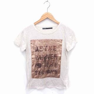 ザラ(ZARA)のザラ ベーシック Tシャツ カットソー ボートネック 英字 半袖 M 薄茶 茶(Tシャツ(半袖/袖なし))