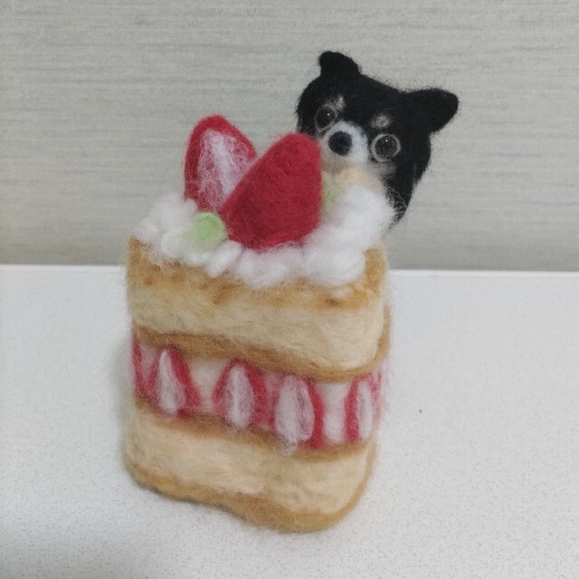 羊毛フェルト　犬　チワワ　イチゴケーキ　ハンドメイド