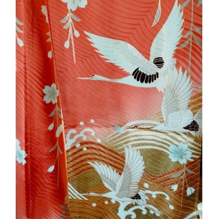 ◆ 鶴 と 枝垂れ 桜 ◆ 振袖 正絹 赤 ~ オレンジ 金 緑(振袖)