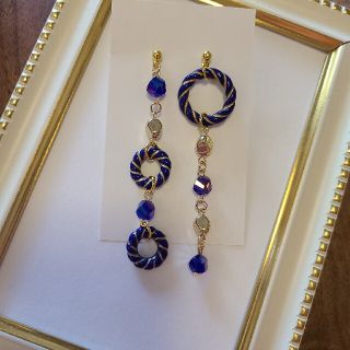 ハンドメイド　ピアス　イヤリング　アシメトリ　ロング　ブルー(ピアス)