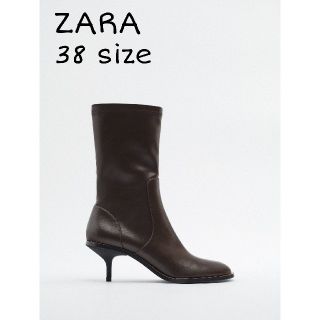 ザラ(ZARA)のZARA　ミニマル ミッドヒール アンクルブーツ　38サイズ　ブラウン(ブーツ)