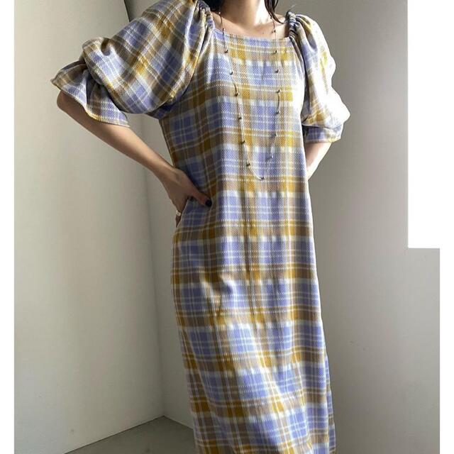 Ameri◆LACEY CHECK PUFF DRESS パープル M