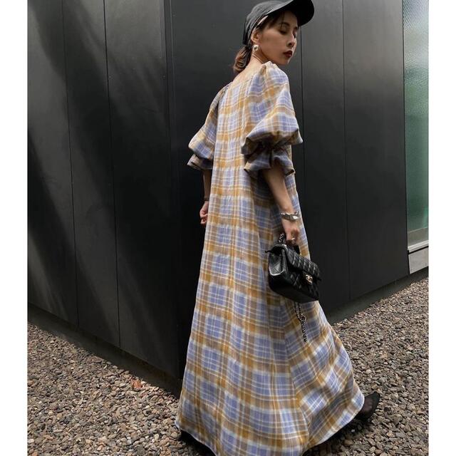 Ameri◆LACEY CHECK PUFF DRESS パープル M