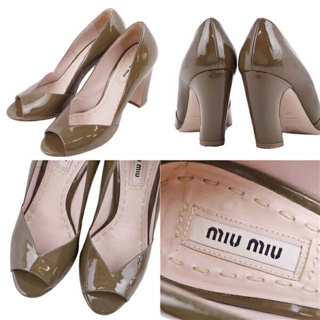 miu miu オープントゥ パンプス ブラウン系 エナメル