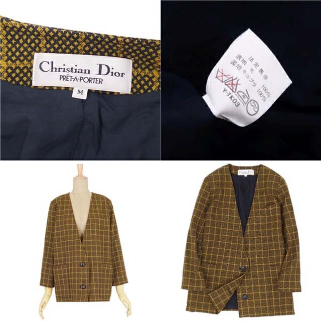 Christian Dior(クリスチャンディオール)のクリスチャンディオール ジャケット ノーカラー チェック 七分袖 レディース M レディースのジャケット/アウター(ブルゾン)の商品写真