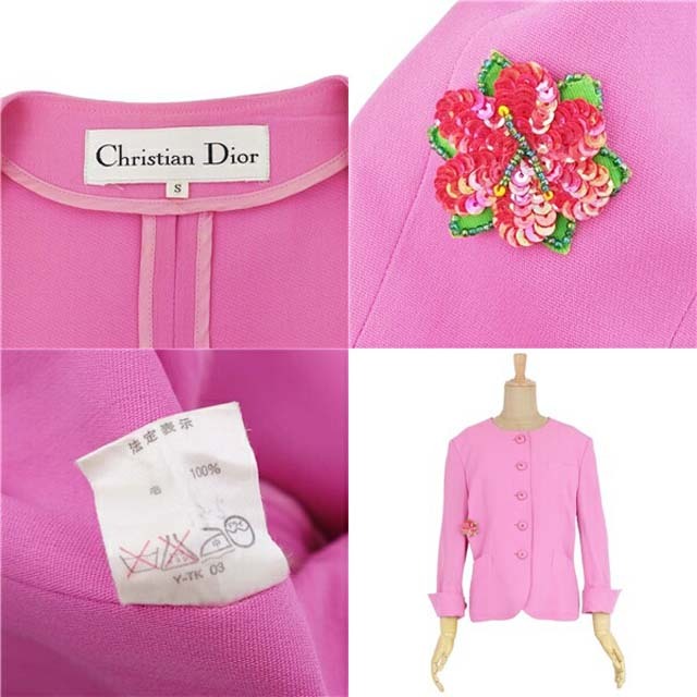 Christian Dior(クリスチャンディオール)のクリスチャンディオール ジャケット ノーカラー コサージュ ウール レディース レディースのジャケット/アウター(ブルゾン)の商品写真