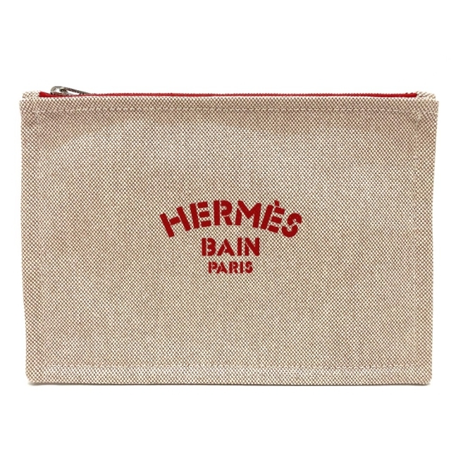 レディースエルメス HERMES ニュー ヨッティング PM マルチポーチ フラットポーチ ポーチ キャンバス ベージュ×レッド 未使用