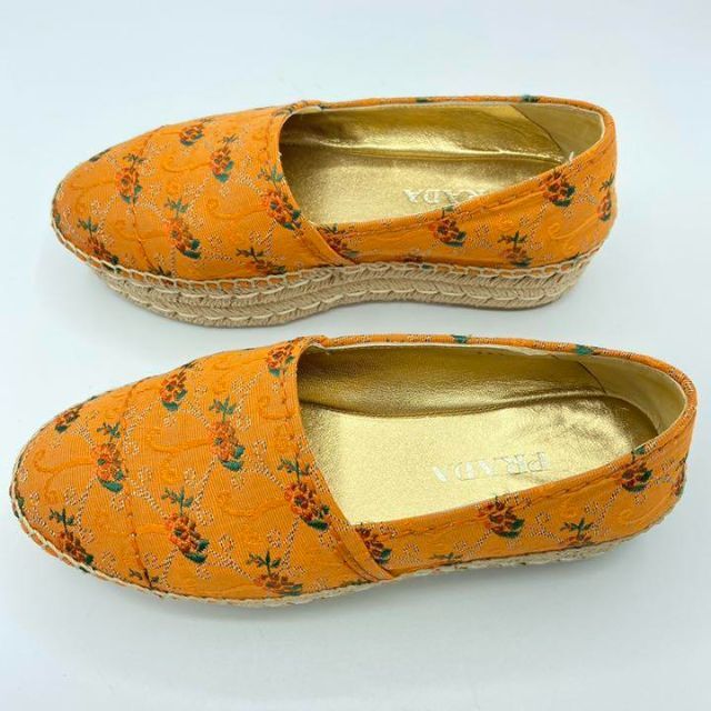 ★ほぼ未使用★プラダ エスパドリーユ 23.5 オレンジ 花柄 靴 レディース