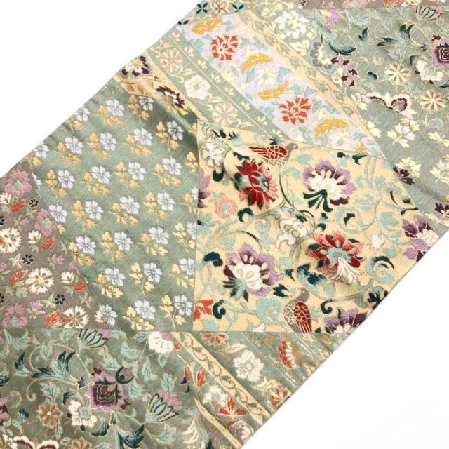O-1879 袋帯 花唐草に鳥柄 寄せ柄 灰緑色 | akhlaqfurniture.pk