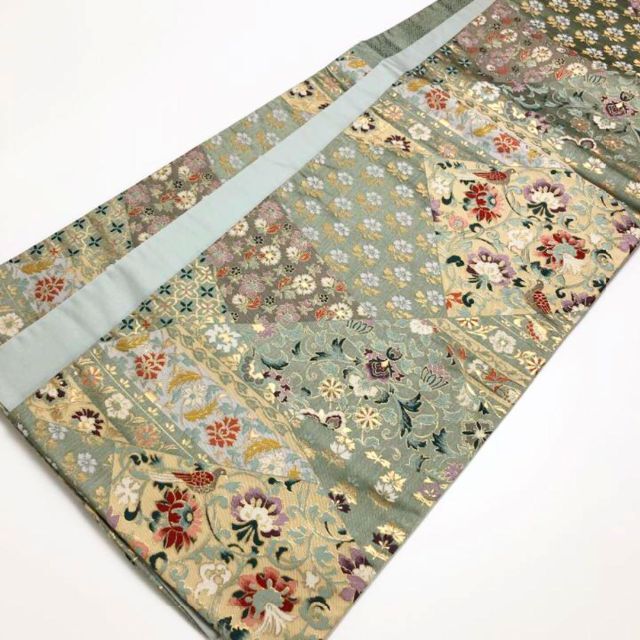 O-1879 袋帯 花唐草に鳥柄 寄せ柄 灰緑色 | akhlaqfurniture.pk