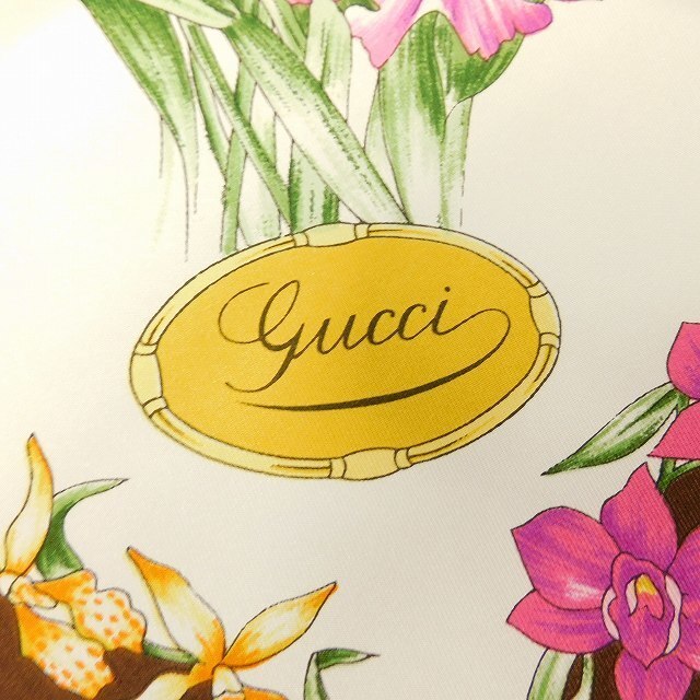 グッチ GUCCI 大判 スカーフ ストール シルク 花柄 ロゴ イタリア製 茶