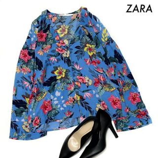 ザラ(ZARA)のZARA ザラ★ハワイアン花柄 長袖シャツ オープンカラー ブルー 青(シャツ/ブラウス(長袖/七分))