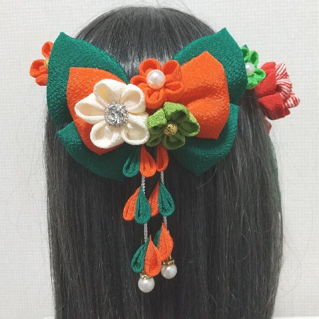 髪飾り 髪飾り緑 髪飾りオレンジ リボン 成人式 卒業式 七五三 つまみ細工 5