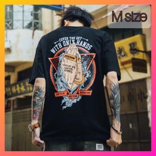 韓国 服 メンズ 和風 ストリート モード ロック 半袖 Tシャツ 拝み 手 黒(Tシャツ/カットソー(半袖/袖なし))