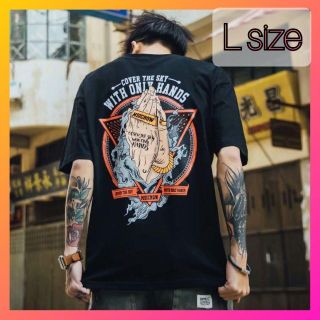 韓国 服 メンズ 和風 ストリート モード ロック 半袖 Tシャツ 拝み 手 黒(Tシャツ/カットソー(半袖/袖なし))