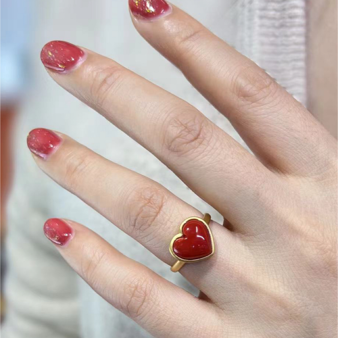 天然　珊瑚　ハート♡ リング　k18 No2980 レディースのアクセサリー(リング(指輪))の商品写真