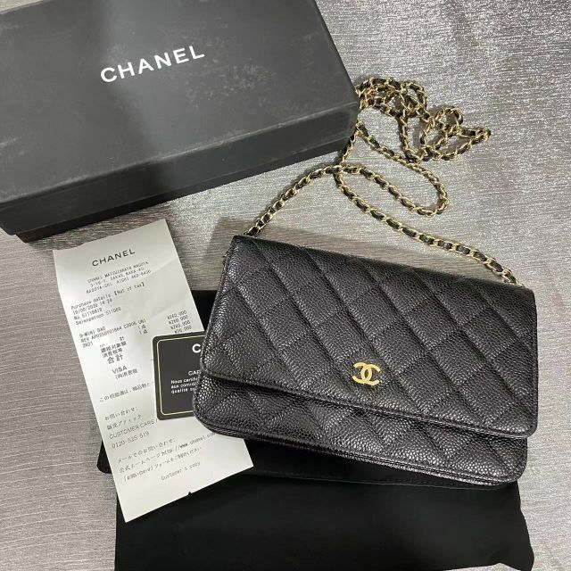 CHANELシャネル】チェーンウォレット キャビアスキン／ゴールド