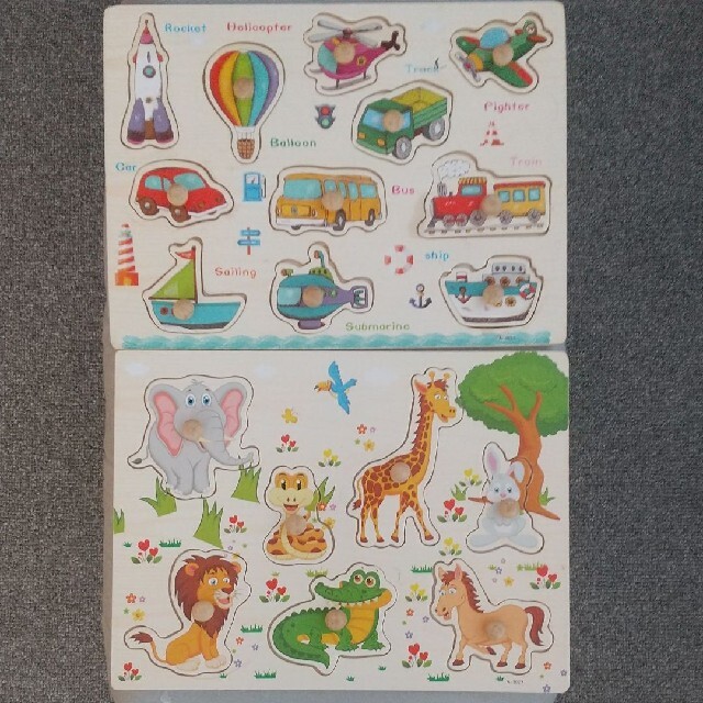 ピックアップパズル　動物、乗り物　　はめ込み木製パズル2点セット キッズ/ベビー/マタニティのおもちゃ(知育玩具)の商品写真