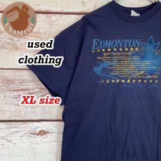 輸入古着 カナダ エドモントンからのお便り プリント ネイビー ゆるだぼ XL(Tシャツ/カットソー(半袖/袖なし))