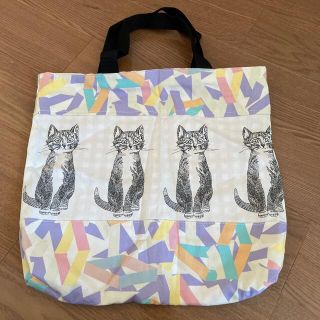 ハンドメイド　鞄　手提げ袋エコバッグ☆猫柄　リバーシブル　チェック　赤(バッグ)