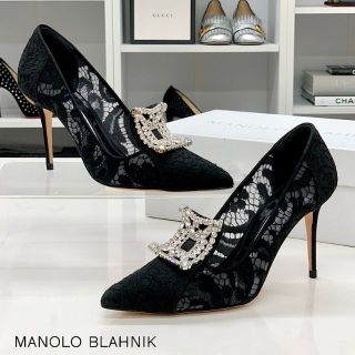 マノロブラニク(MANOLO BLAHNIK)の4788 マノロブラニク レース ビジュー パンプス ブラック(ハイヒール/パンプス)