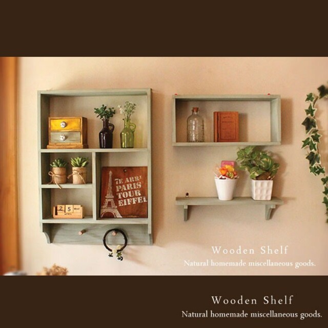 3点セットのハンドメイド アンティーク加工 シェルフ  木製 棚 モスグリーン ハンドメイドのインテリア/家具(家具)の商品写真