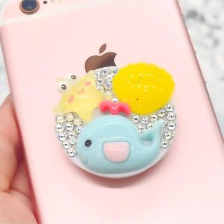 スワロフスキー　海 夏 デコ　スマホリング　スマホグリップ　ハンドメイド　宝石(モバイルケース/カバー)