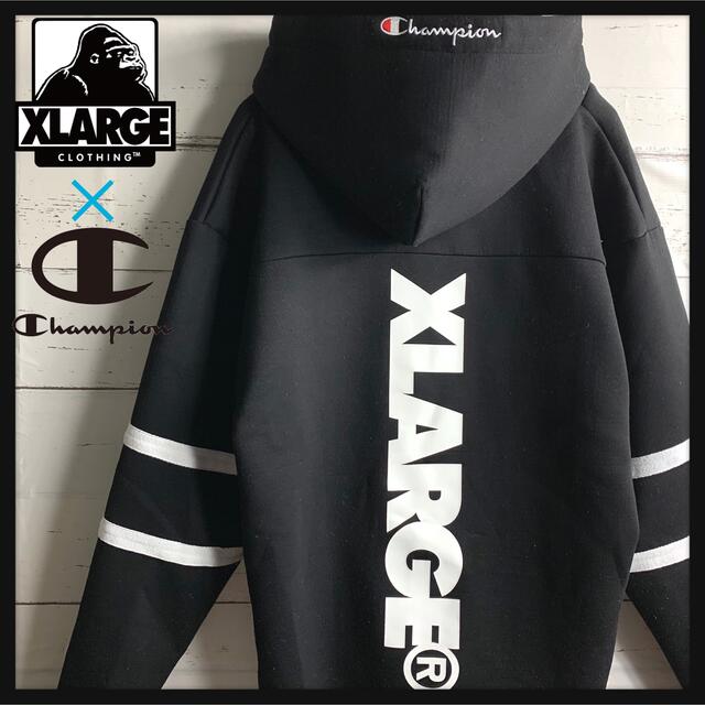 XLARGE(エクストララージ)の【希少コラボ】チャンピオン✖️エクストララージ★両面ロゴパーカー　刺繍　プリント メンズのトップス(パーカー)の商品写真