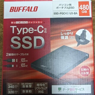 バッファロー(Buffalo)のBUFFALO USB3.1対応 ポータブルSSD SSD-PGC480U3-B(PC周辺機器)